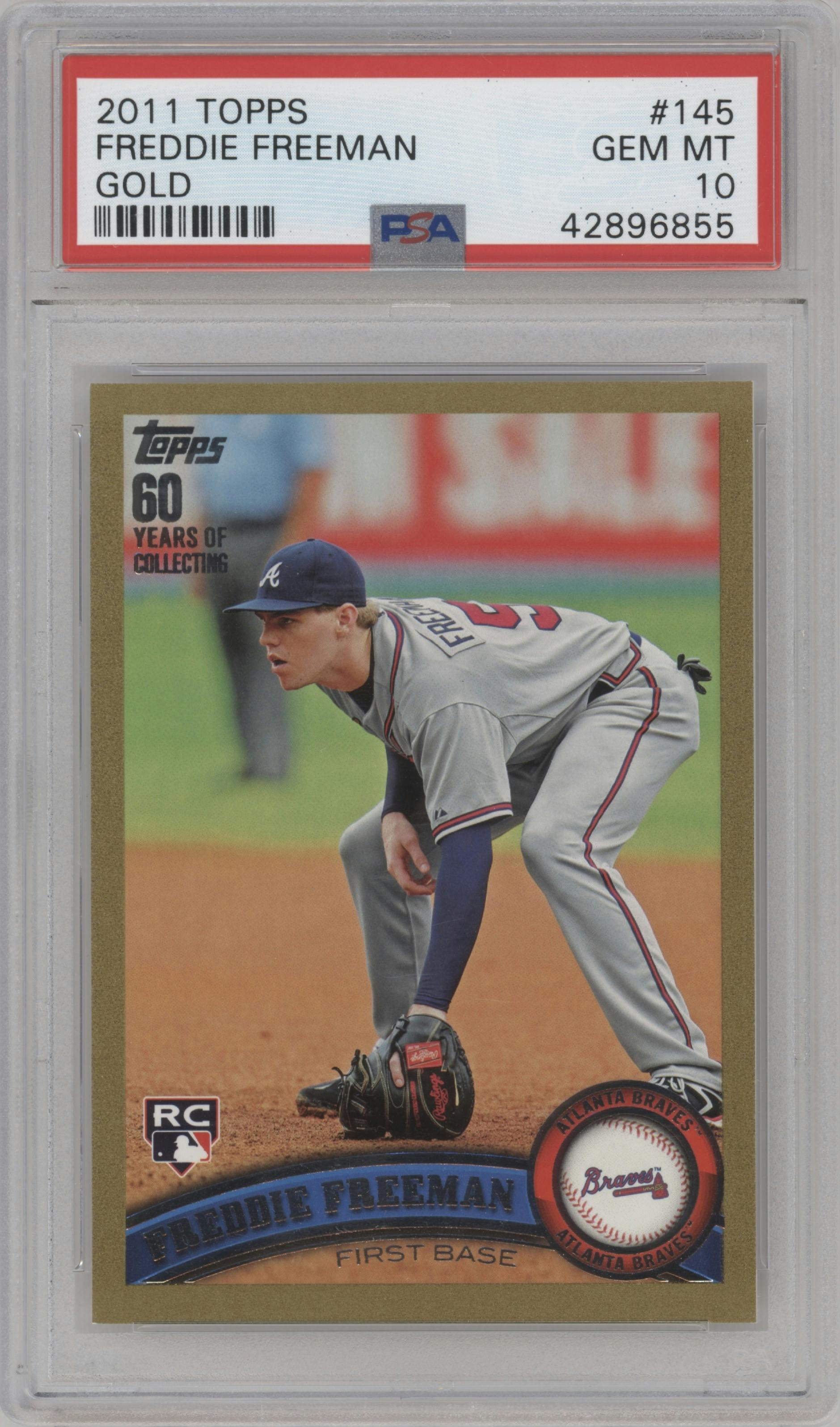 Freddie Freeman from the 2011 Topps set featuring a Gold parallel graded by PSA and given an overall grade of 10.