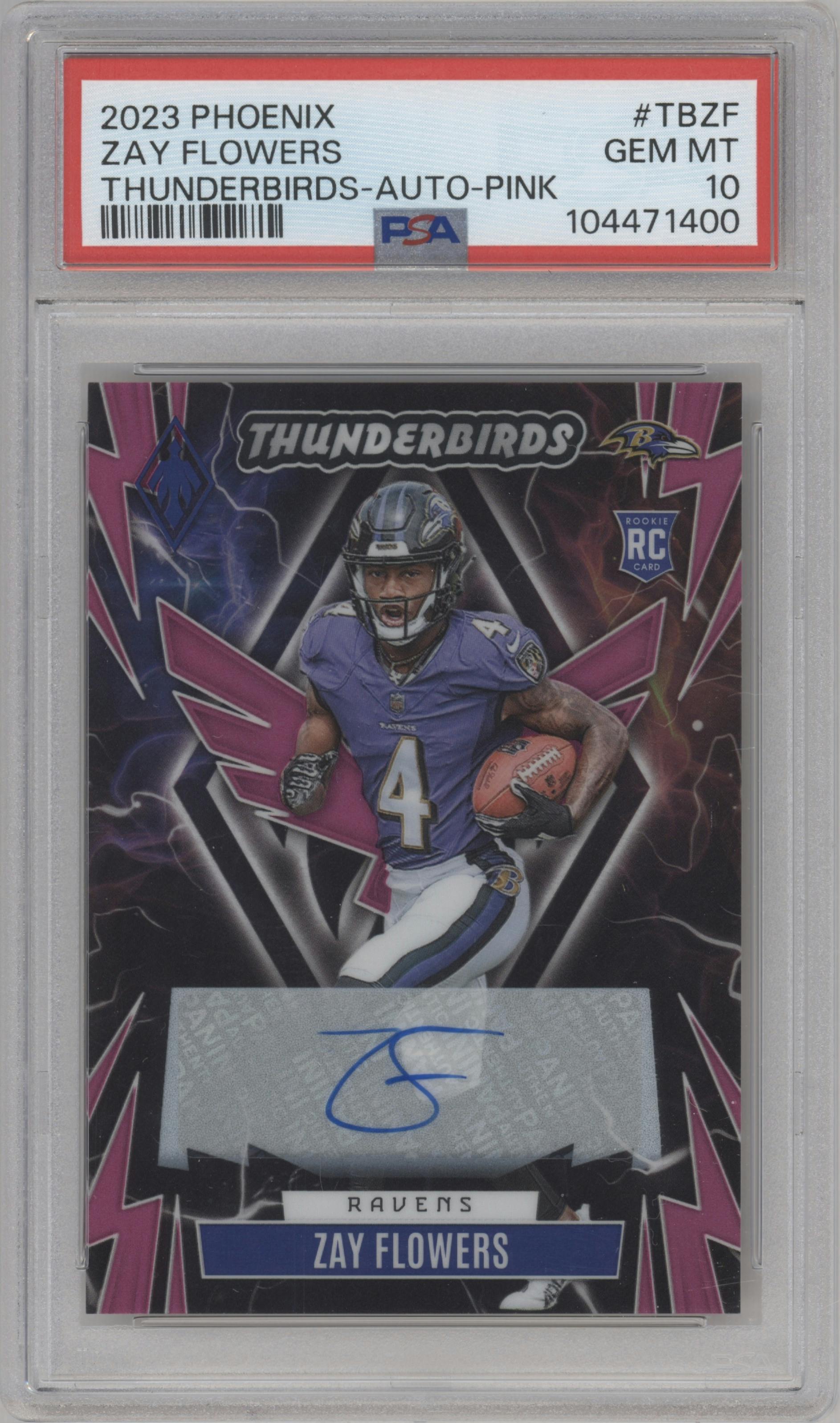 Zay Flowers from the 2023 Panini Phoenix set featuring a Pink parallel graded by PSA and given an overall grade of 10.