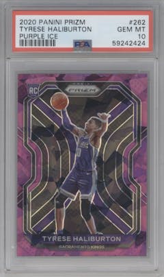Tyrese Haliburton from the 2020-21 Panini Prizm set featuring a Purple Ice parallel graded by PSA and given an overall grade of 10.