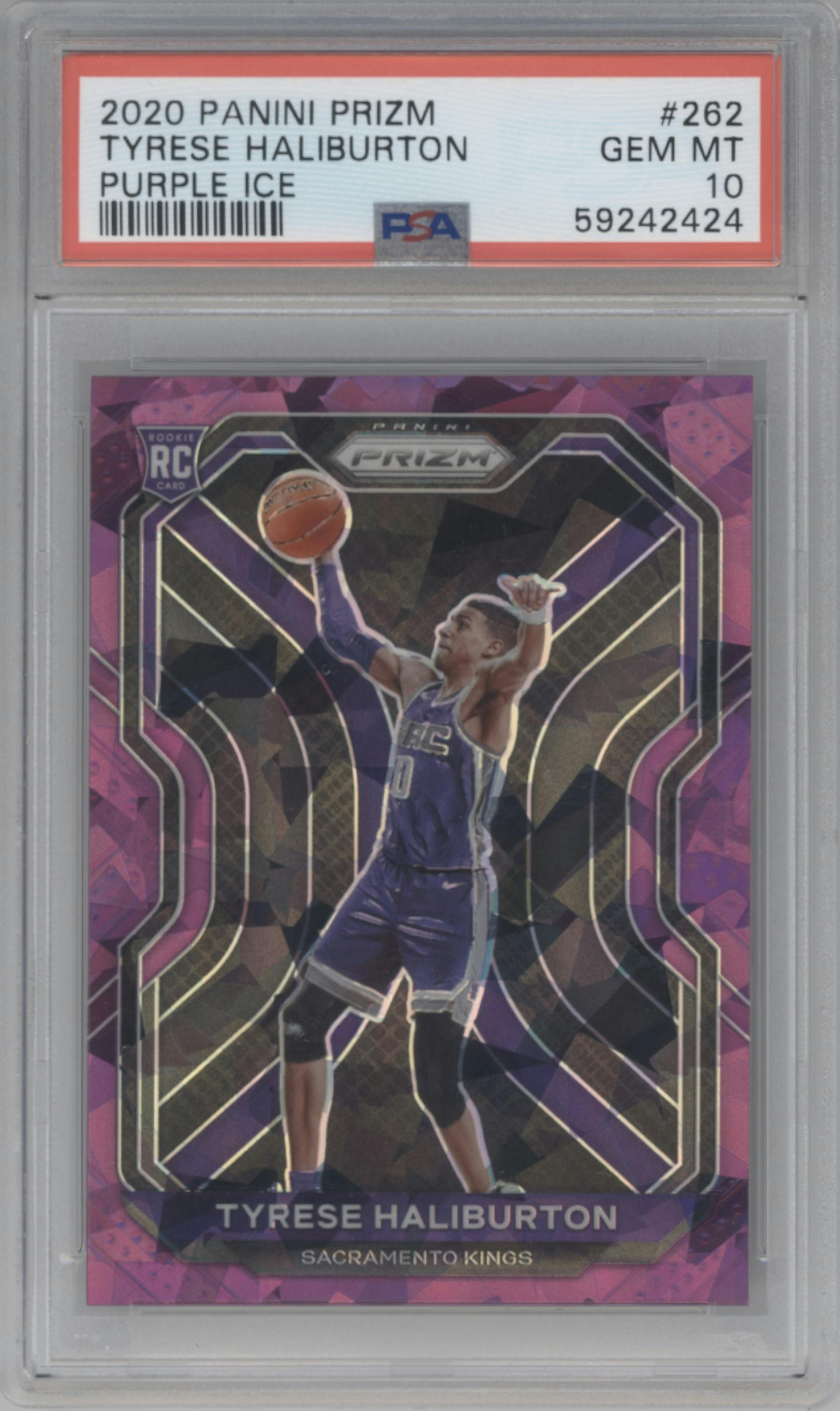 Tyrese Haliburton from the 2020-21 Panini Prizm set featuring a Purple Ice parallel graded by PSA and given an overall grade of 10.
