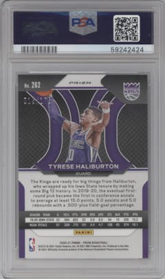 Tyrese Haliburton from the 2020-21 Panini Prizm set featuring a Purple Ice parallel graded by PSA and given an overall grade of 10.