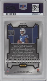 Anthony Richardson from the 2023 Panini Prizm set featuring a No Huddle parallel graded by PSA and given an overall grade of 10.