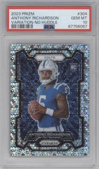 Anthony Richardson from the 2023 Panini Prizm set featuring a No Huddle parallel graded by PSA and given an overall grade of 10.