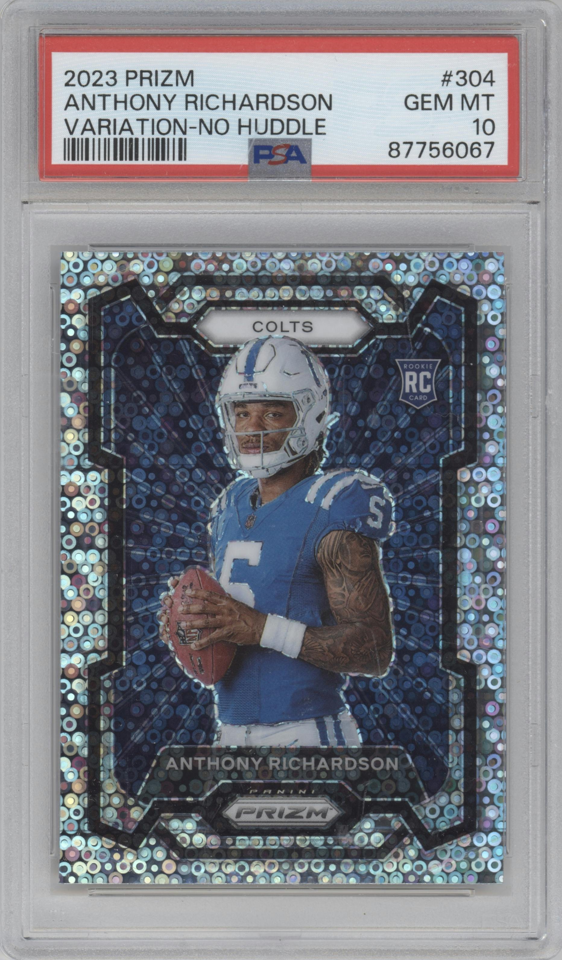 Anthony Richardson from the 2023 Panini Prizm set featuring a No Huddle parallel graded by PSA and given an overall grade of 10.