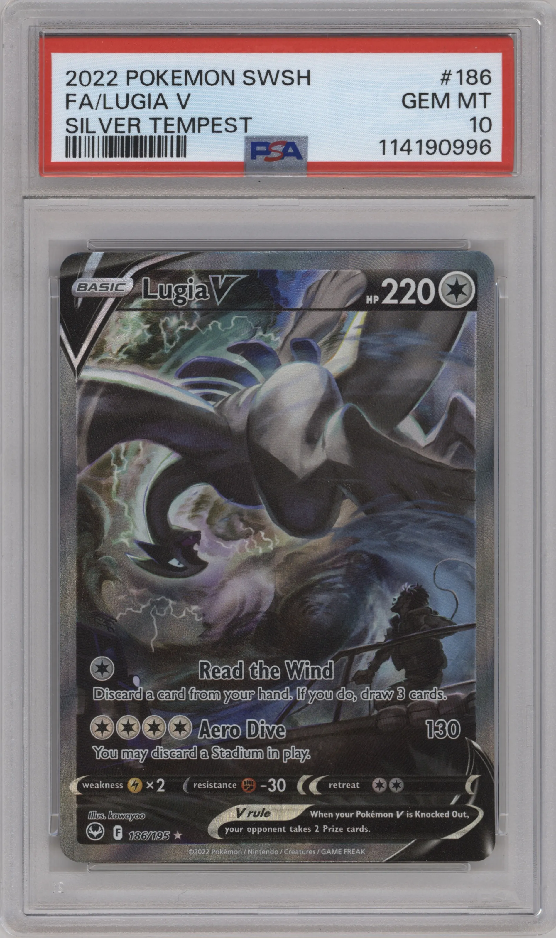 Lugia V from the 2022 Pokemon SWSH set graded by PSA and given an overall grade of 10.