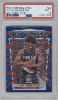 Scoot Henderson from the 2023-24 Donruss Optic set featuring a Blue parallel graded by PSA and given an overall grade of 9.