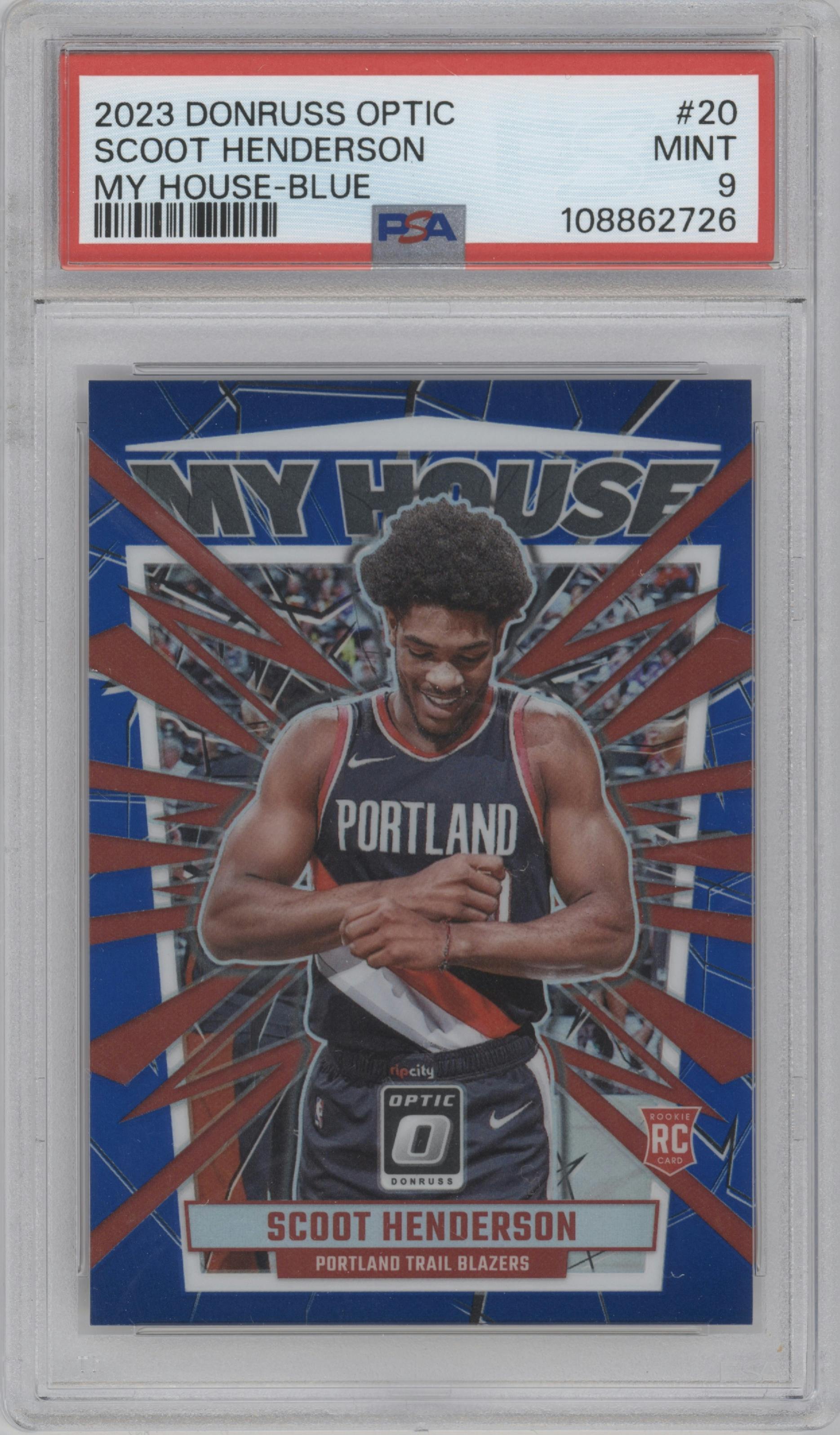 Scoot Henderson from the 2023-24 Donruss Optic set featuring a Blue parallel graded by PSA and given an overall grade of 9.