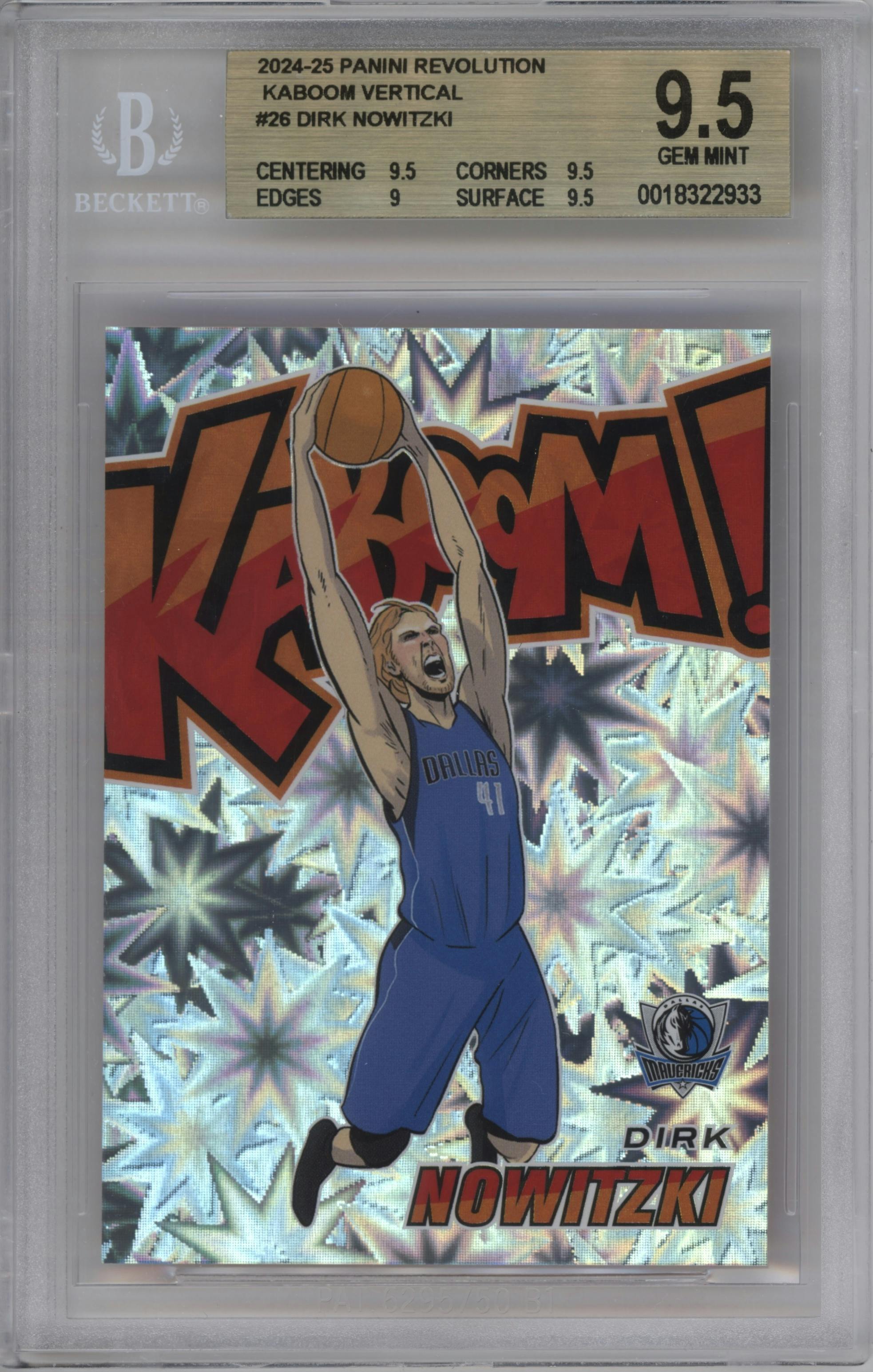 Dirk Nowitzki from the 2024-25 Panini Revolution set graded by Beckett and given an overall grade of 9.5.