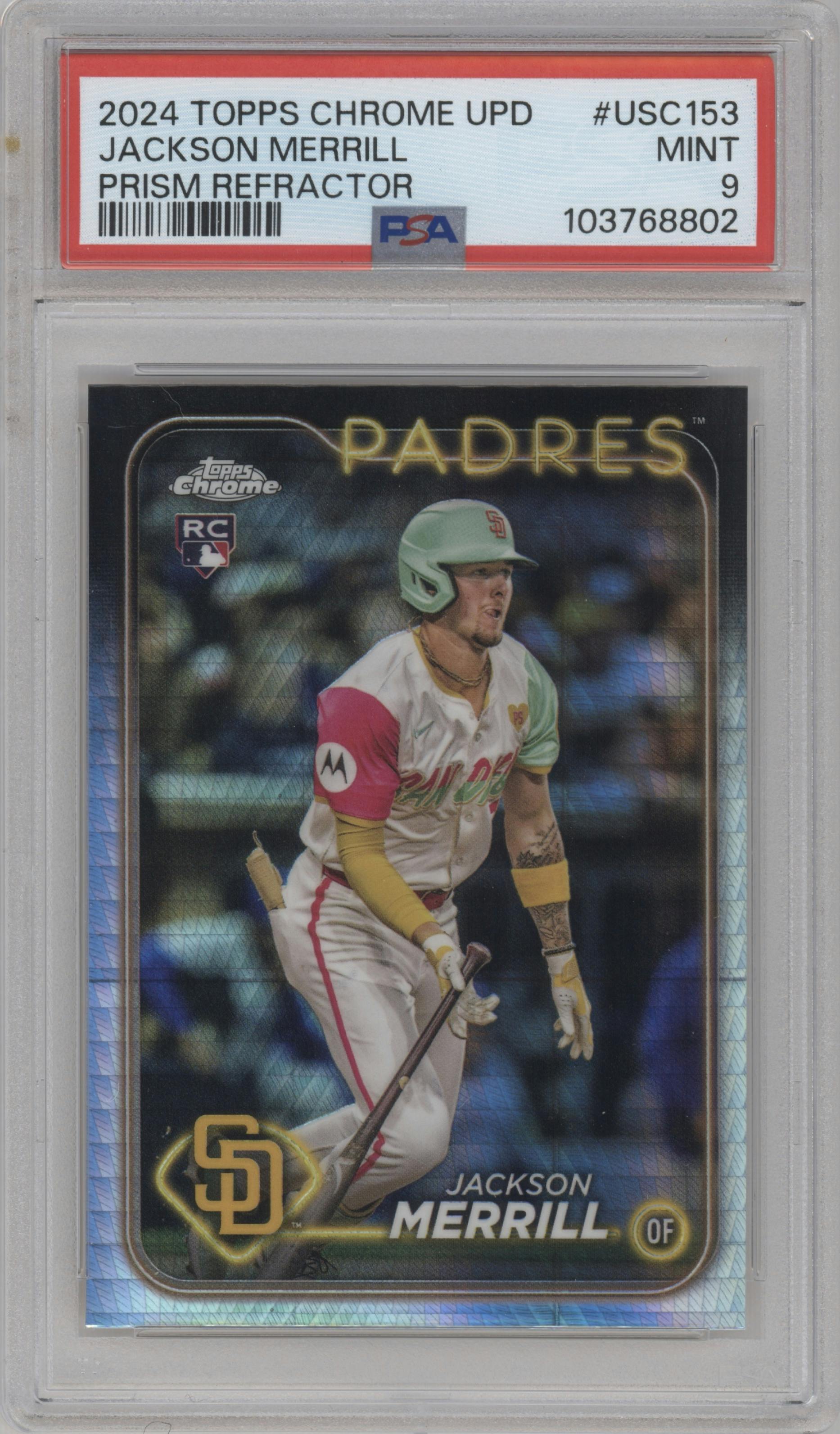 Jackson Merrill from the 2024 Topps Chrome Update set featuring a Prism Refractors parallel graded by PSA and given an overall grade of 9.