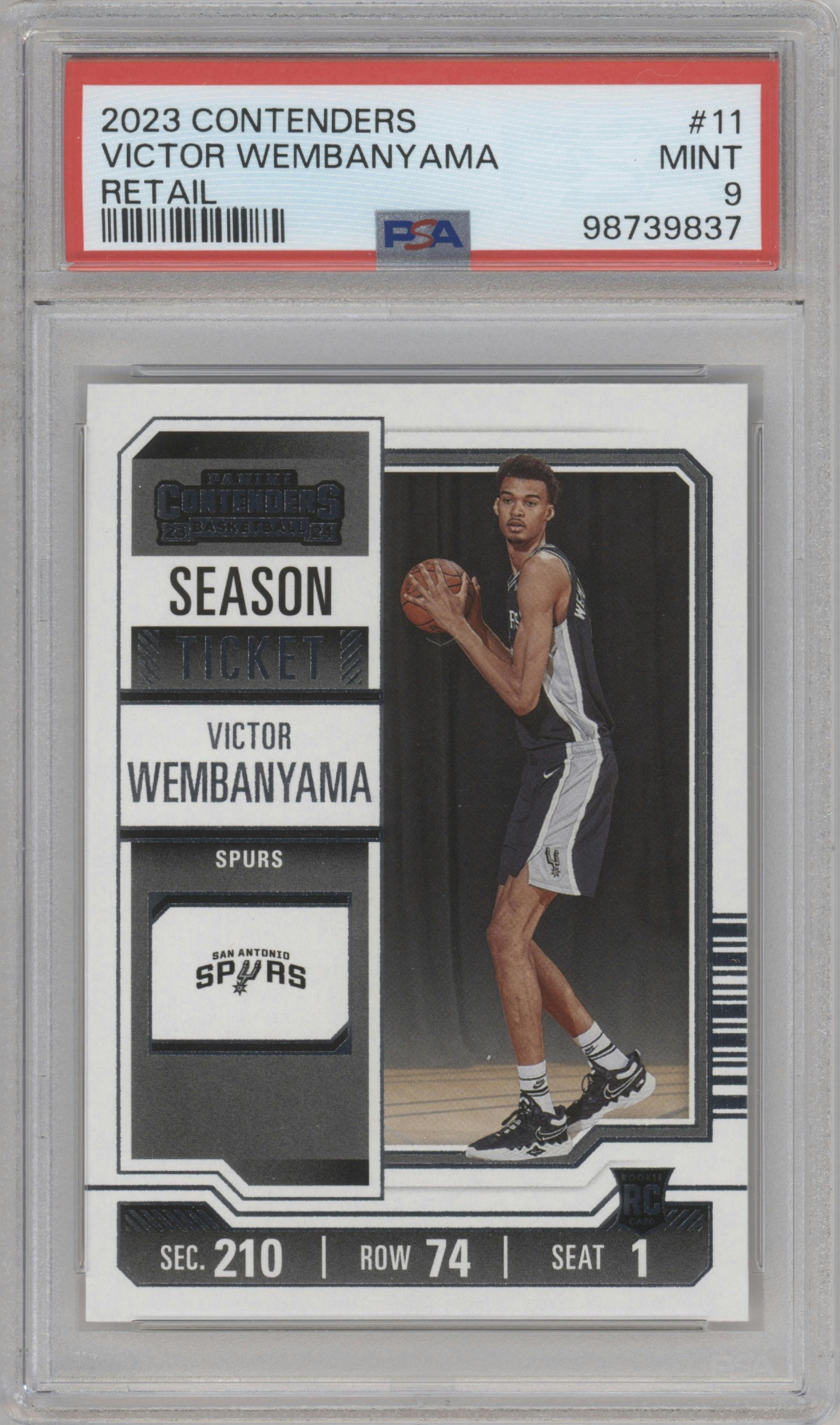 Victor Wembanyama  from the 2023-24 Panini Contenders set featuring a Retail parallel graded by PSA and given an overall grade of 9.