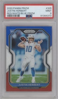 Justin Herbert from the 2020 Panini Prizm set featuring a Red/White/Blue Prizm parallel graded by PSA and given an overall grade of 9.