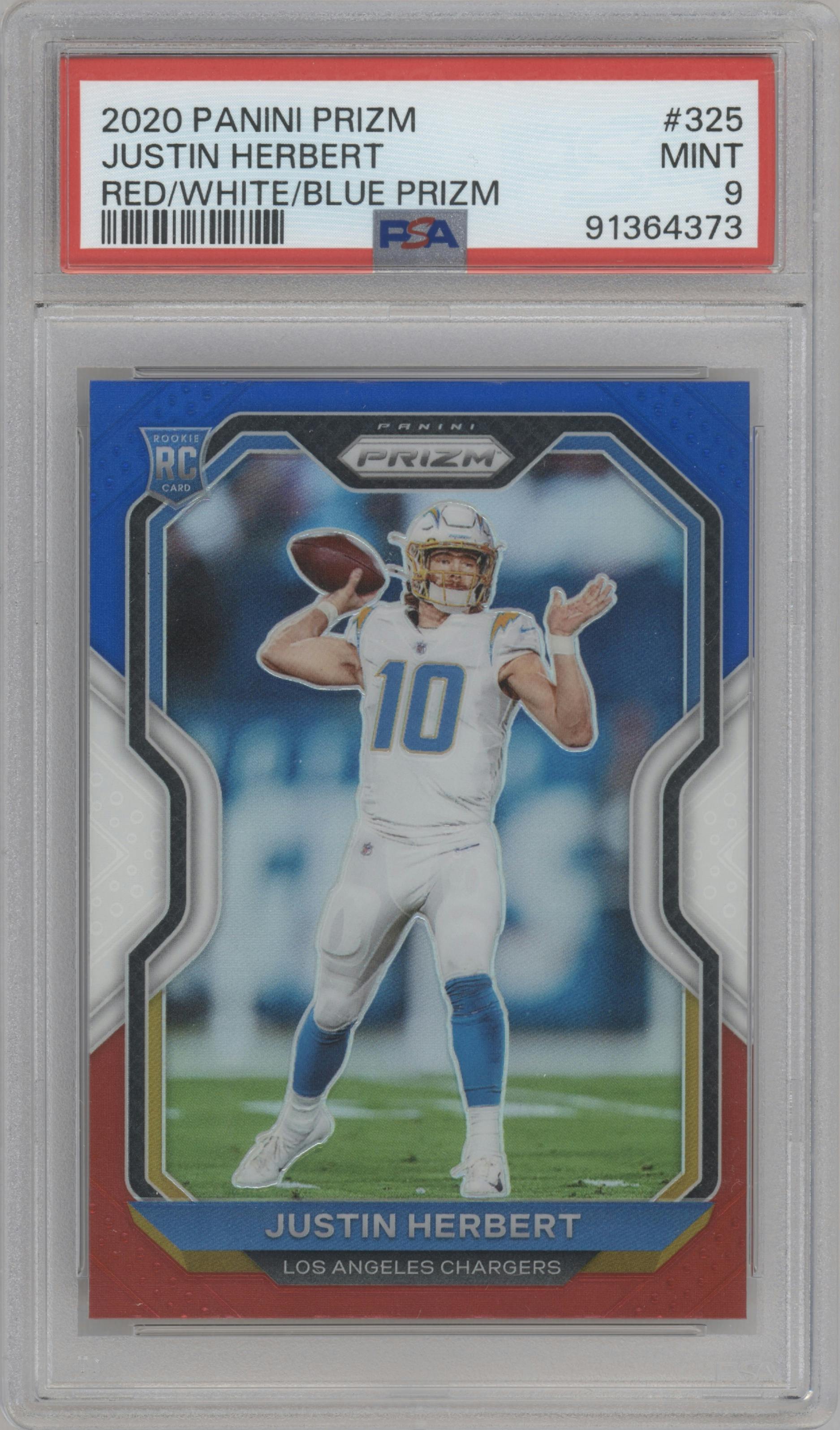 Justin Herbert from the 2020 Panini Prizm set featuring a Red/White/Blue Prizm parallel graded by PSA and given an overall grade of 9.