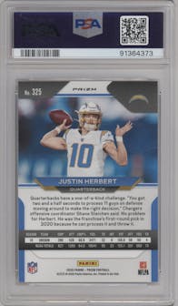 Justin Herbert from the 2020 Panini Prizm set featuring a Red/White/Blue Prizm parallel graded by PSA and given an overall grade of 9.