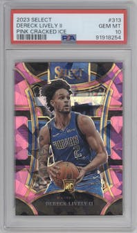 Dereck Lively II from the 2023-24 Panini Select  set featuring a Pink Cracked Ice parallel graded by PSA and given an overall grade of 10.