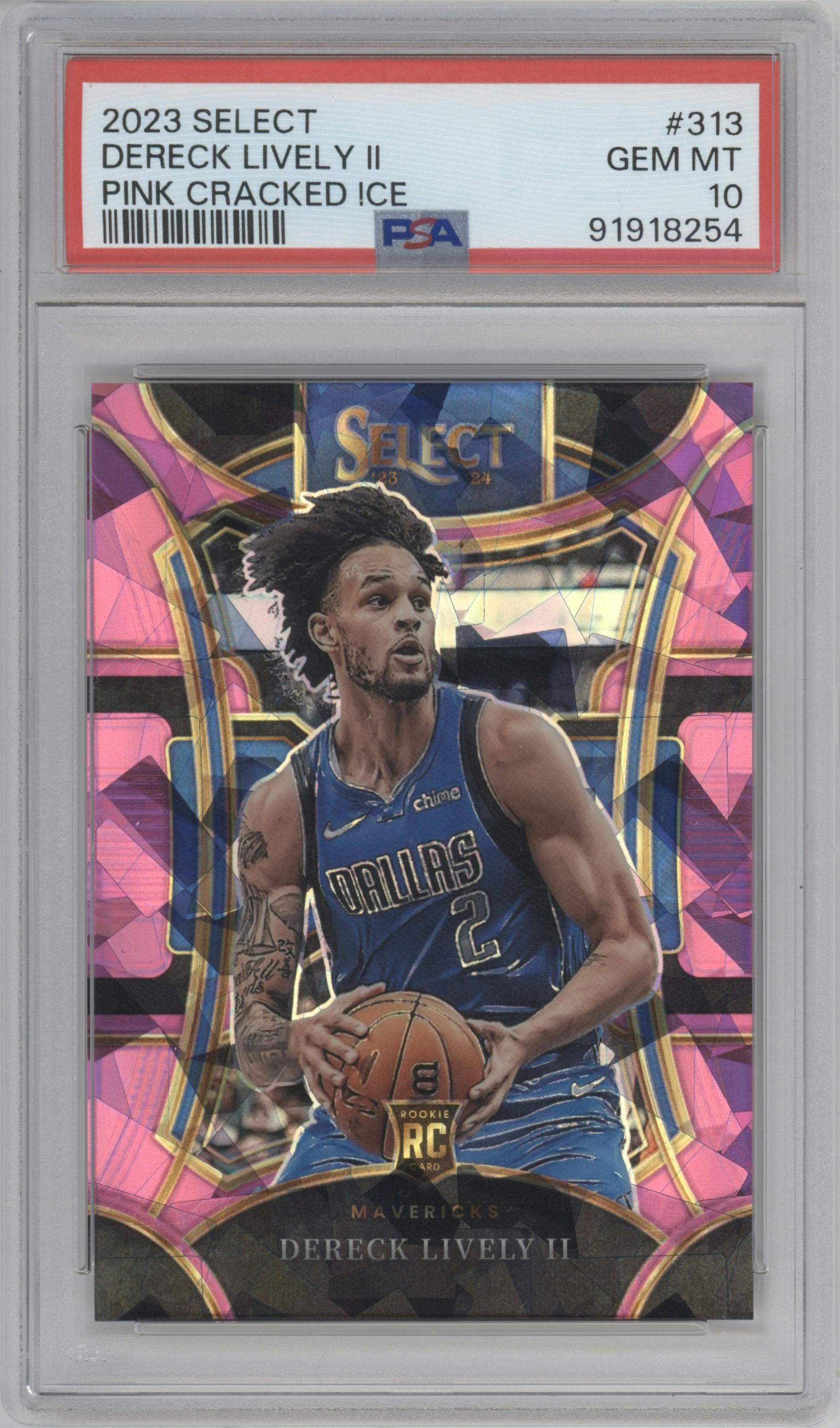Dereck Lively II from the 2023-24 Panini Select  set featuring a Pink Cracked Ice parallel graded by PSA and given an overall grade of 10.