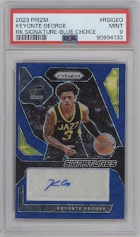 Keyonte George from the 2023-24 Panini Prizm set featuring a Choice Blue parallel graded by PSA and given an overall grade of 9.