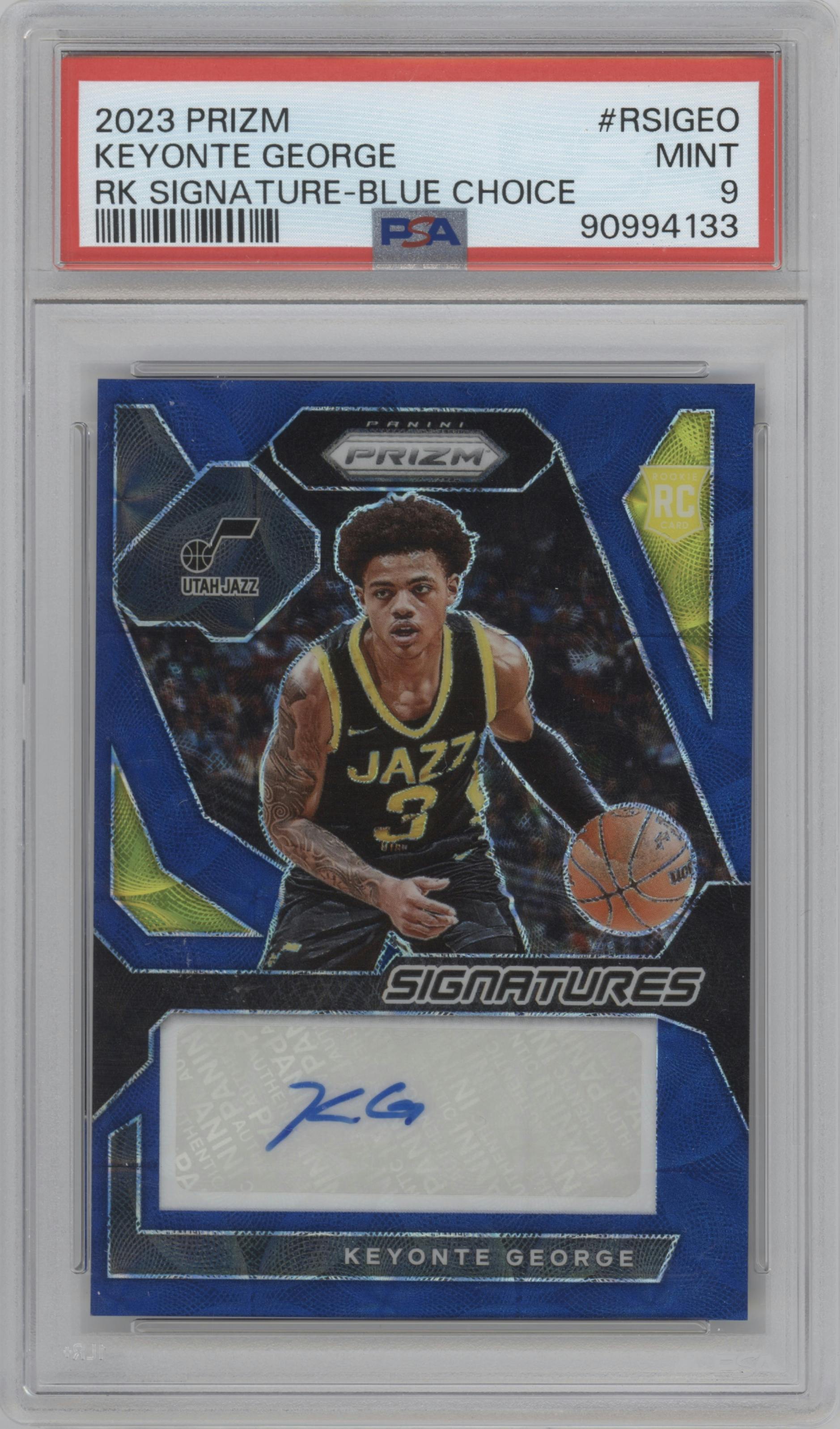 Keyonte George from the 2023-24 Panini Prizm set featuring a Choice Blue parallel graded by PSA and given an overall grade of 9.