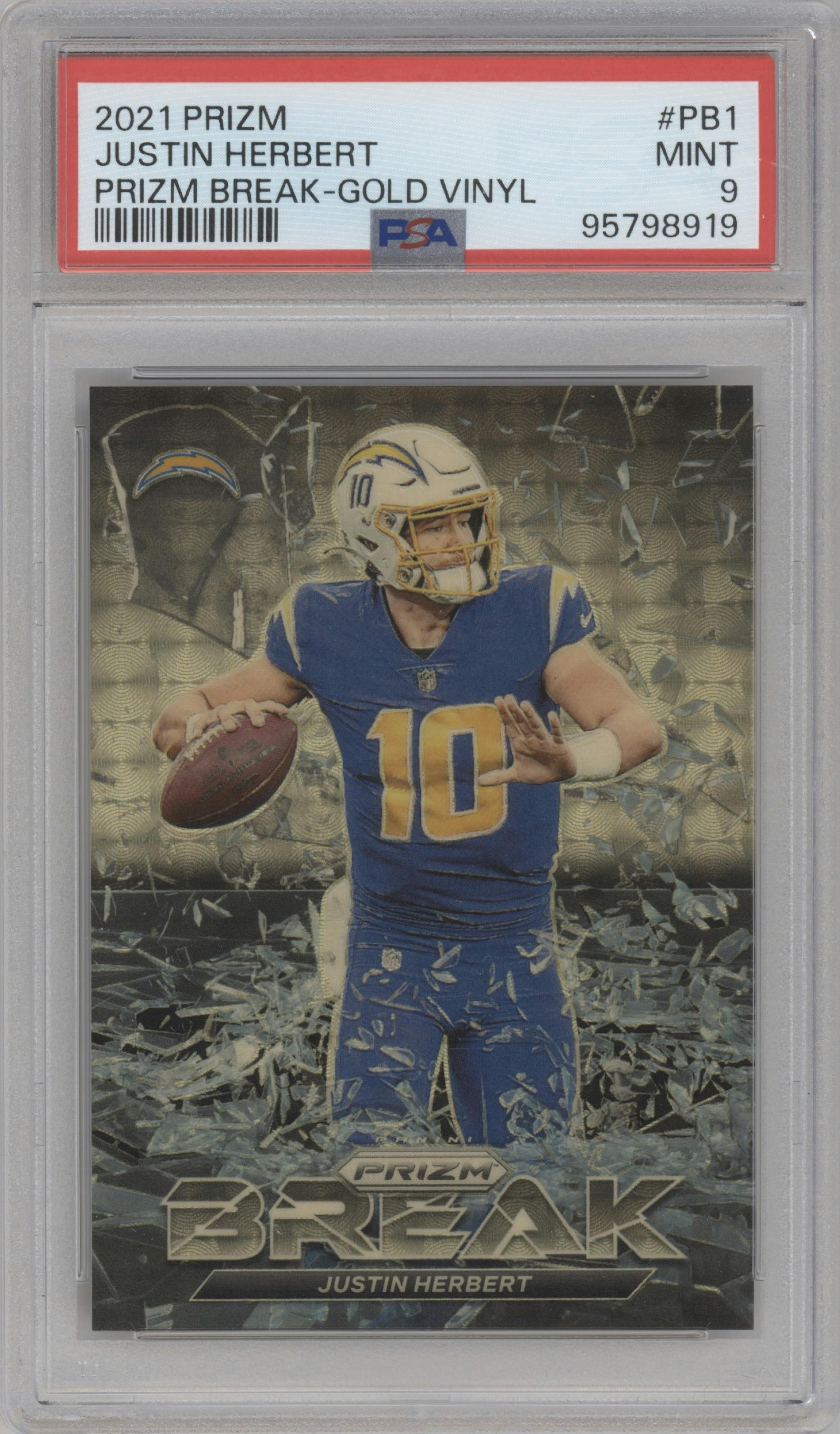 Justin Herbert from the 2021 Panini Prizm set featuring a Prizm Gold Vinyl parallel graded by PSA and given an overall grade of 9.