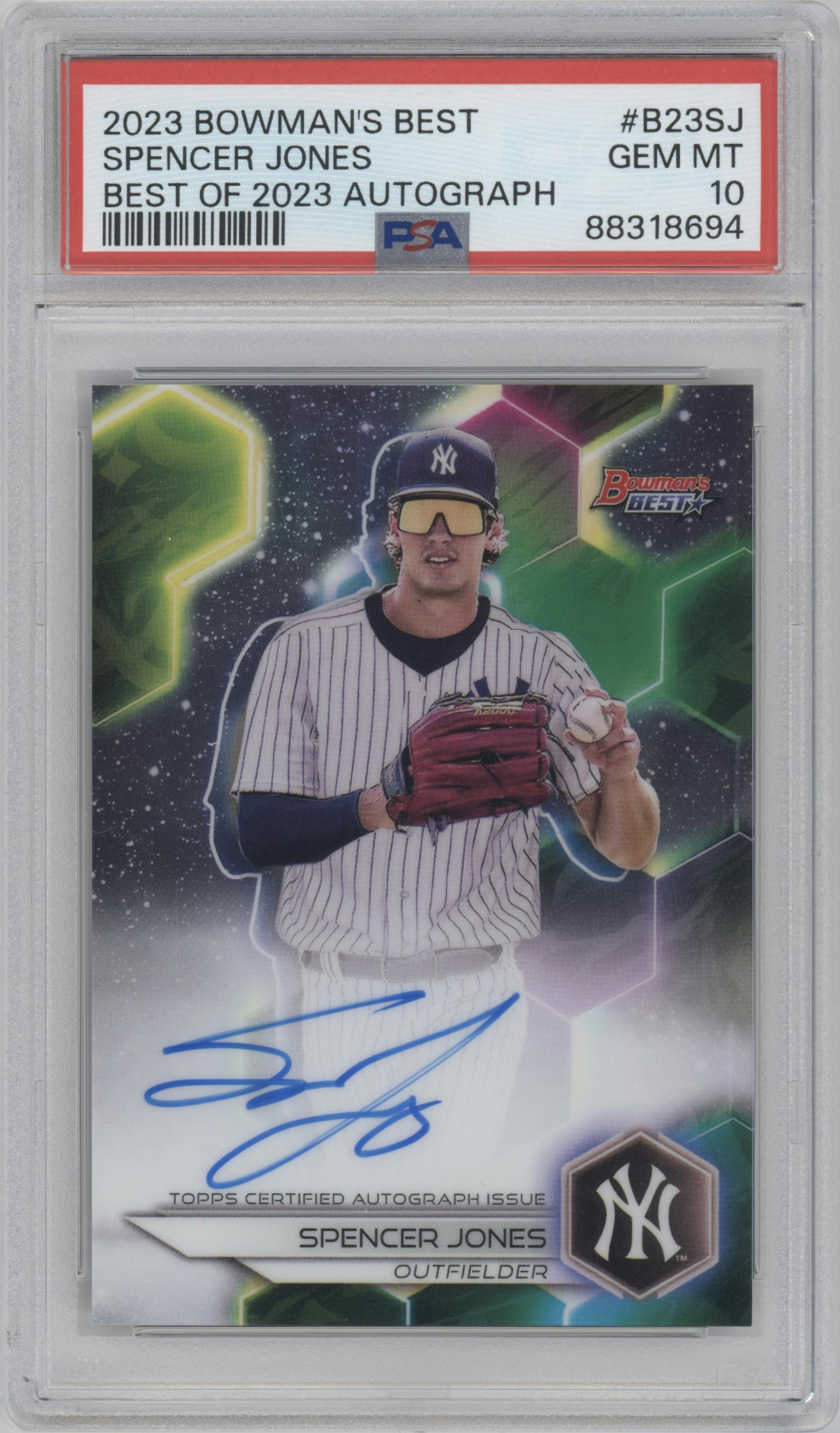 Spencer Jones from the 2023 Bowman's Best set graded by PSA and given an overall grade of 10.