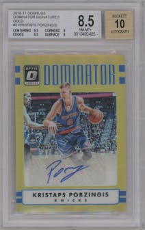 Kristaps Porzingis from the 2016-17 Panini Donruss Optic set featuring a Gold parallel graded by Beckett and given an overall grade of 8.5.