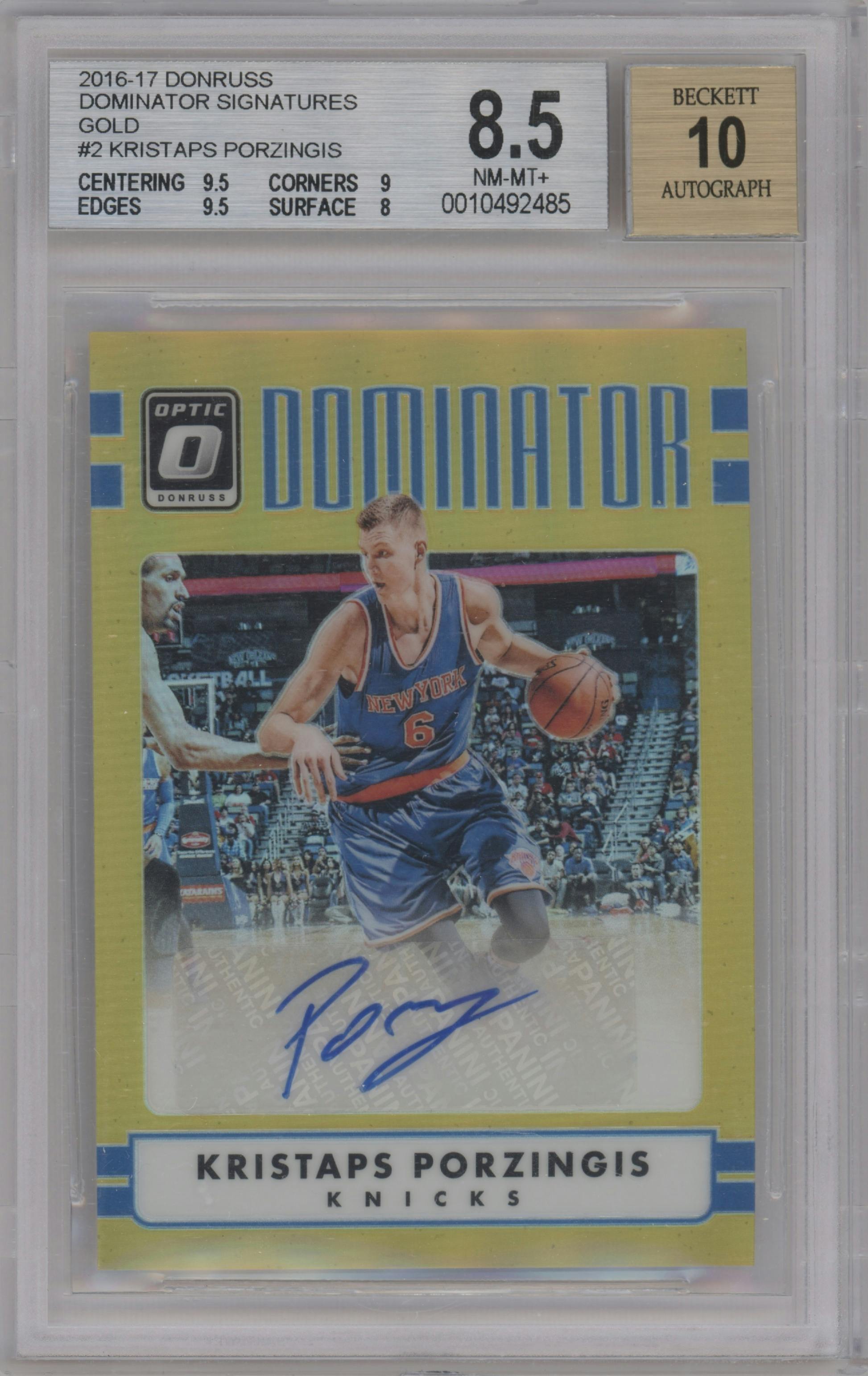 Kristaps Porzingis from the 2016-17 Panini Donruss Optic set featuring a Gold parallel graded by Beckett and given an overall grade of 8.5.