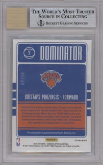 Kristaps Porzingis from the 2016-17 Panini Donruss Optic set featuring a Gold parallel graded by Beckett and given an overall grade of 8.5.