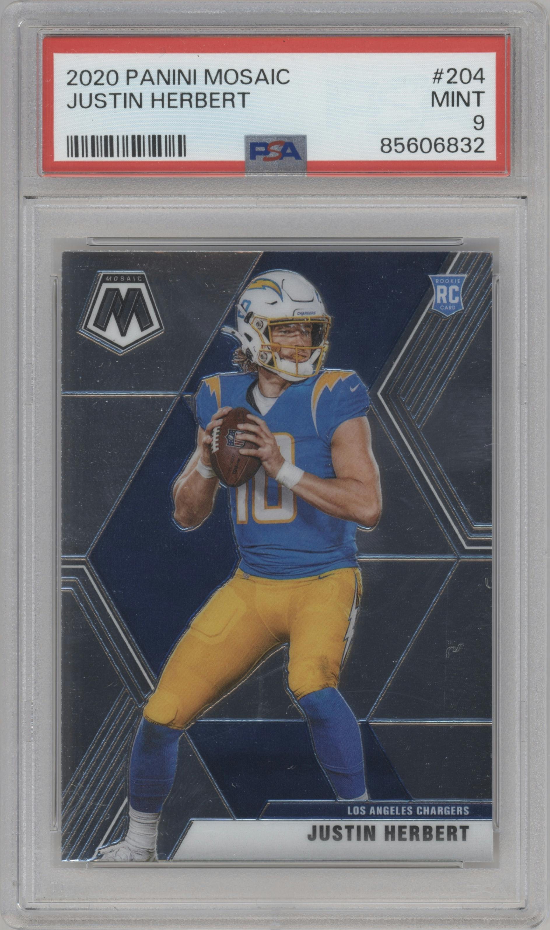 Justin Herbert from the 2020 Panini Mosaic set graded by PSA and given an overall grade of 9.