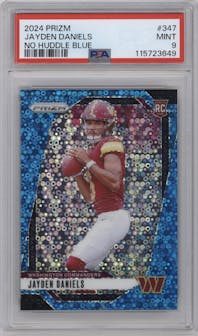 Jayden Daniels from the 2024 Panini Prizm set featuring a No Huddle Blue Prizm parallel graded by PSA and given an overall grade of 9.