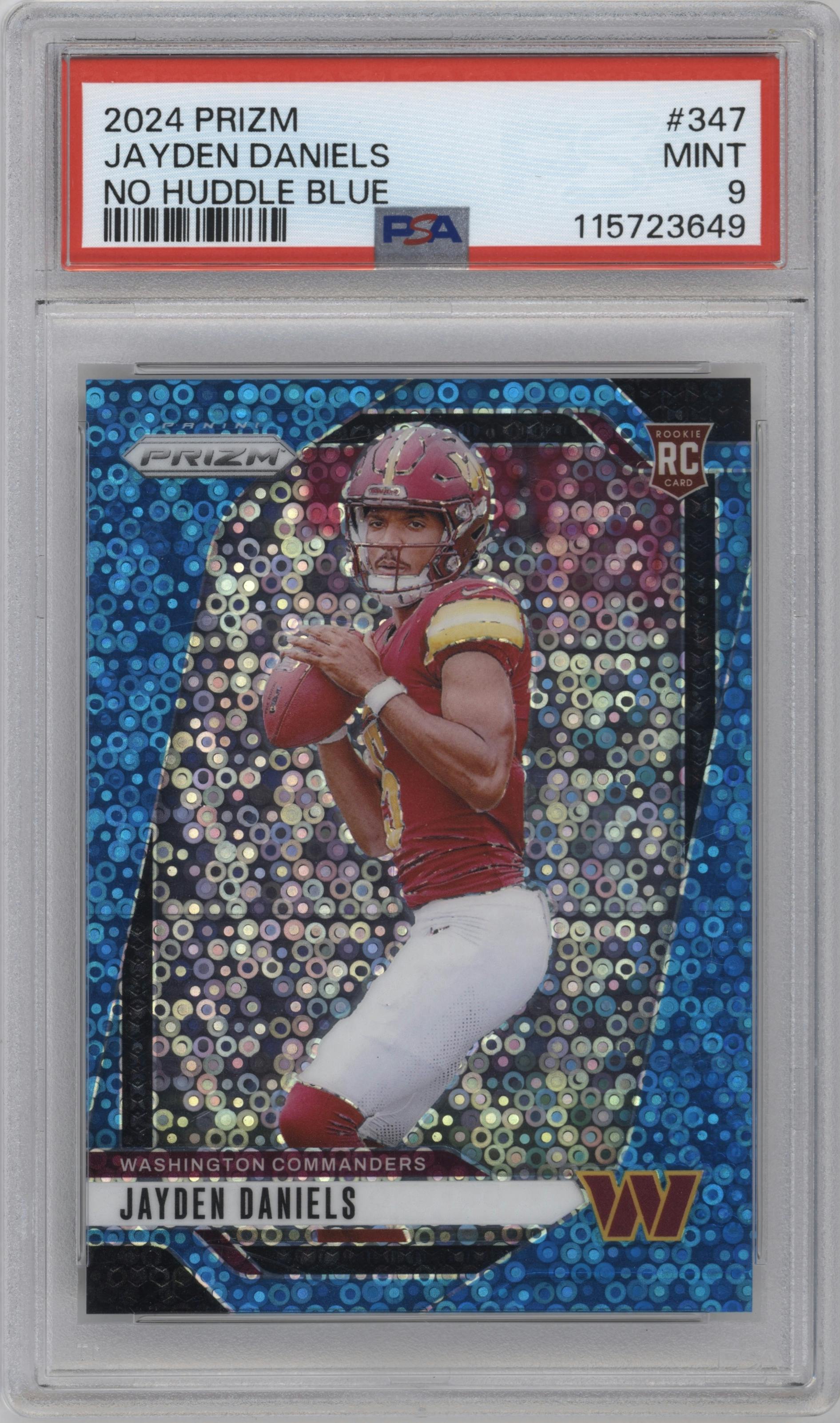 Jayden Daniels from the 2024 Panini Prizm set featuring a No Huddle Blue Prizm parallel graded by PSA and given an overall grade of 9.