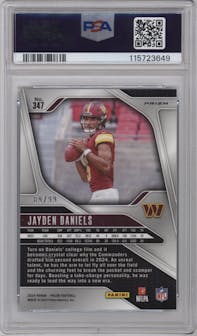 Jayden Daniels from the 2024 Panini Prizm set featuring a No Huddle Blue Prizm parallel graded by PSA and given an overall grade of 9.