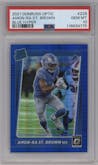Amon-Ra St. Brown from the 2021 Panini Donruss Optic set featuring a Hyper Blue  parallel graded by PSA and given an overall grade of 10.