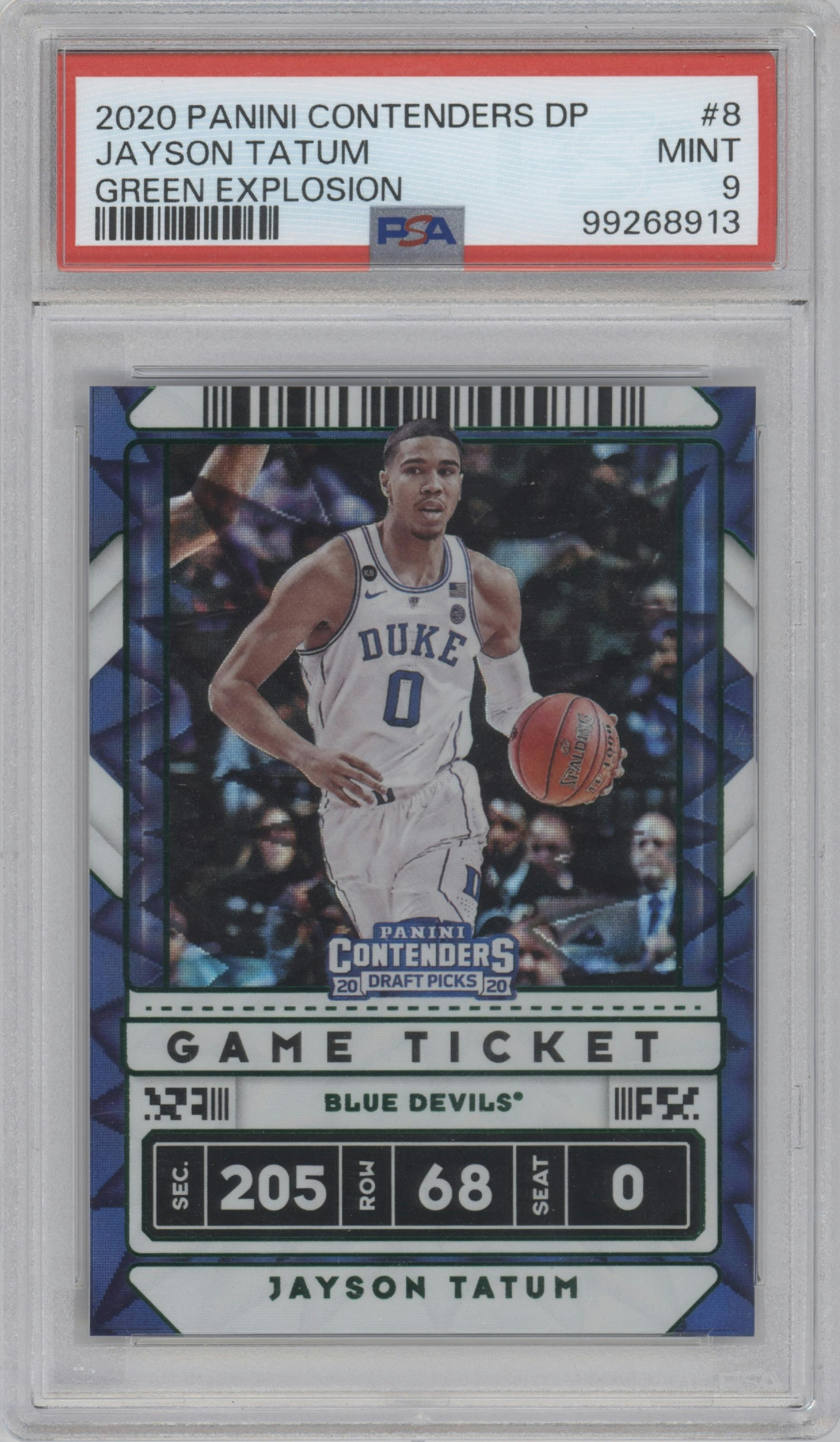 Jayson Tatum from the 2020-21 Panini Contenders Draft Picks set featuring a Green Explosion parallel graded by PSA and given an overall grade of 9.