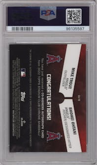 Mike Trout/Shohei Ohtani from the 2022 Stadium Club Chrome set graded by PSA and given an overall grade of 10.
