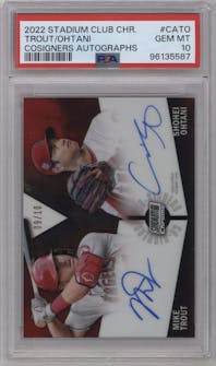 Mike Trout/Shohei Ohtani from the 2022 Stadium Club Chrome set graded by PSA and given an overall grade of 10.