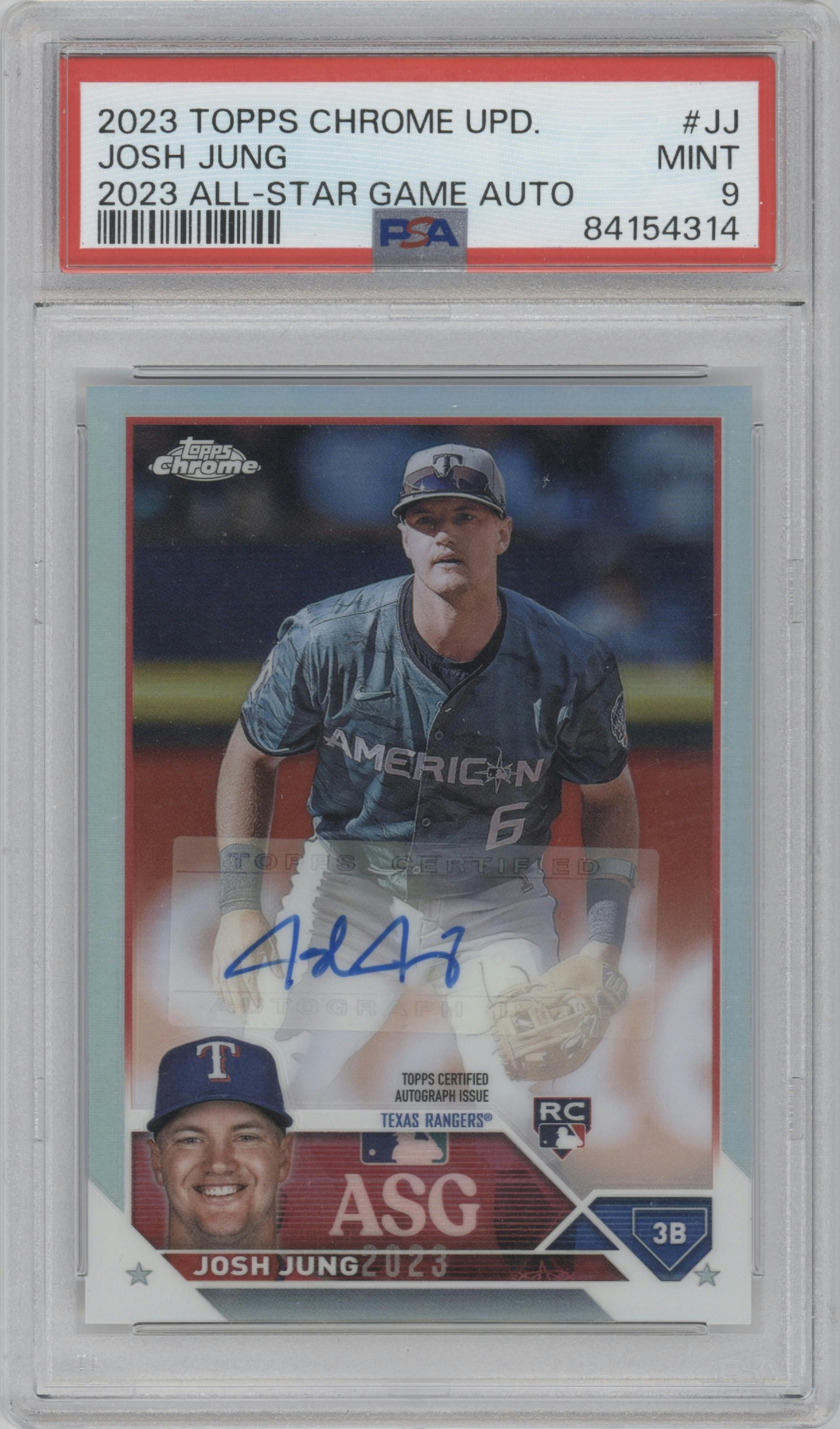 Josh Jung from the 2023 Topps Chrome Update set graded by PSA and given an overall grade of 9.