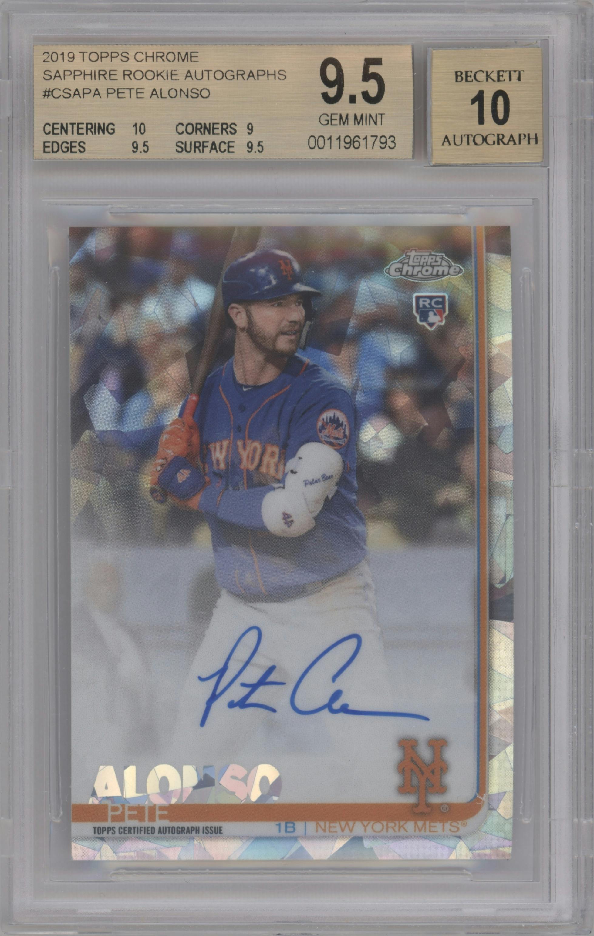 Pete Alonso from the 2019 Topps Chrome Sapphire Edition set graded by Beckett and given an overall grade of 9.5.