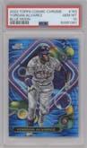 Yordan Alvarez from the 2023 Topps Cosmic Chrome set featuring a Blue Moon Refractor parallel graded by PSA and given an overall grade of 10.