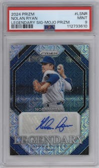 Nolan Ryan from the 2024 Panini Prizm set featuring a Mojo parallel graded by PSA and given an overall grade of 9.