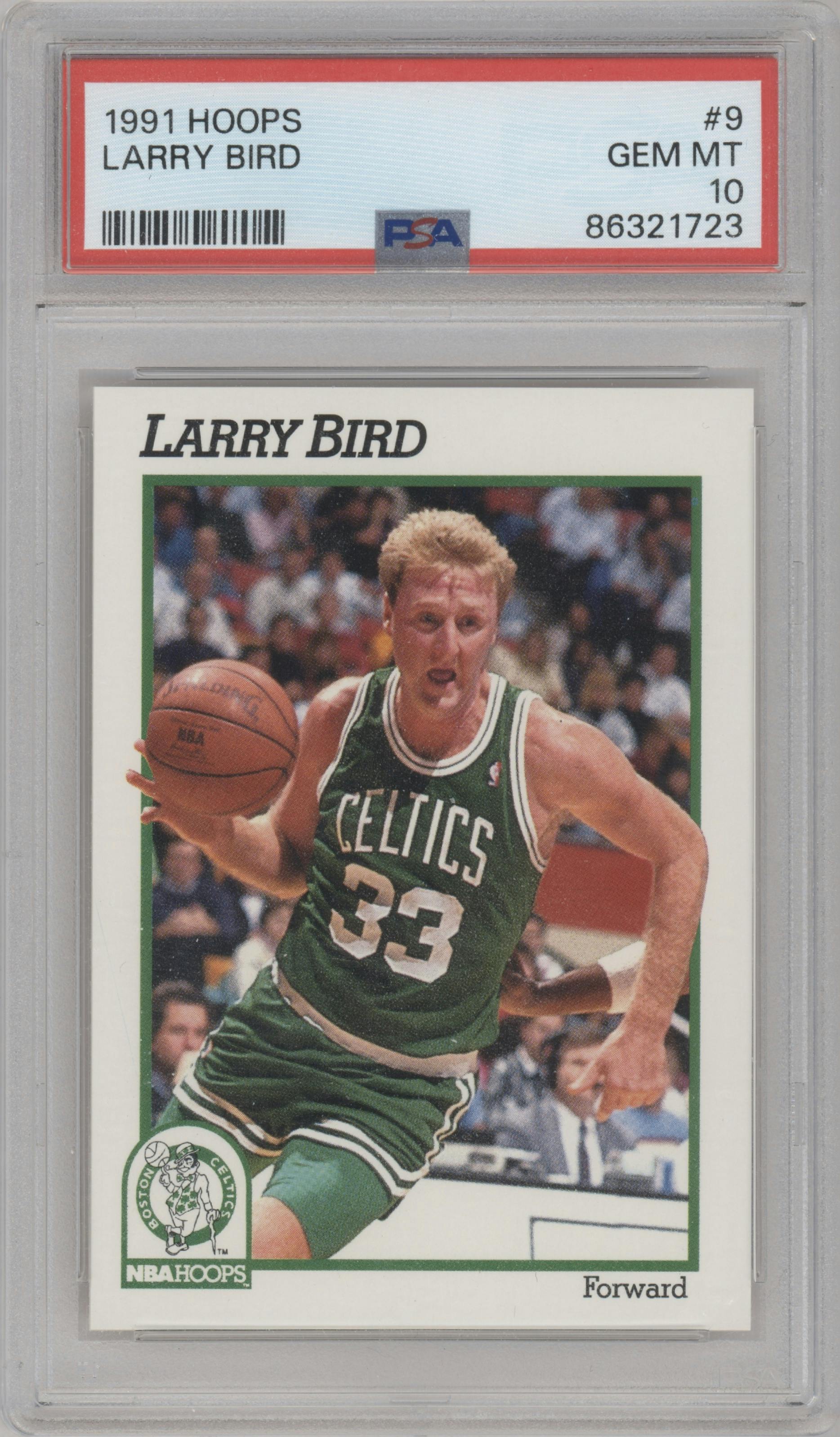 Larry Bird from the 1991-92 NBA Hoops set graded by PSA and given an overall grade of 10.