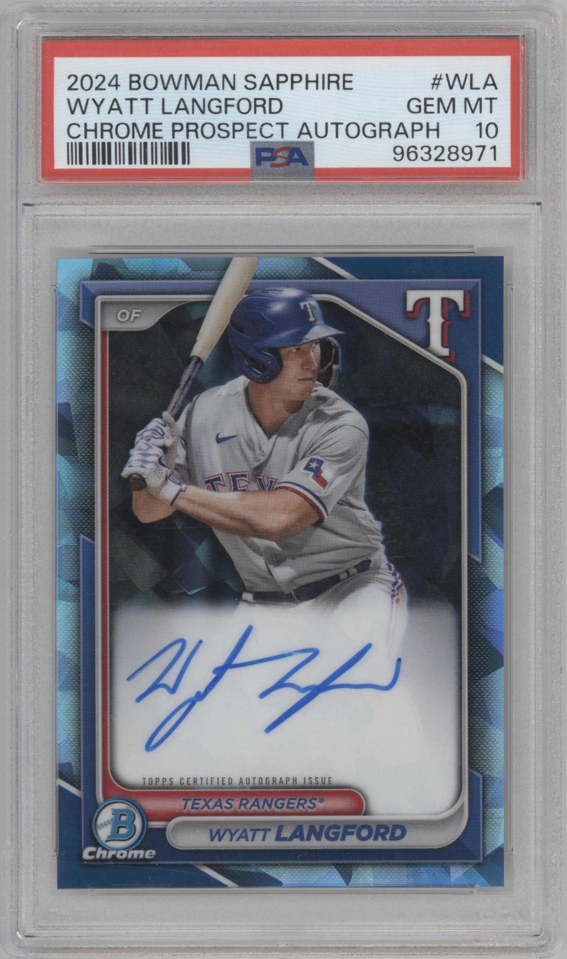 Wyatt Langford from the 2024 Bowman Sapphire Edition set graded by PSA and given an overall grade of 10.
