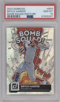 Bryce Harper  from the 2022 Panini Donruss set featuring a Rapture parallel graded by PSA and given an overall grade of 10.