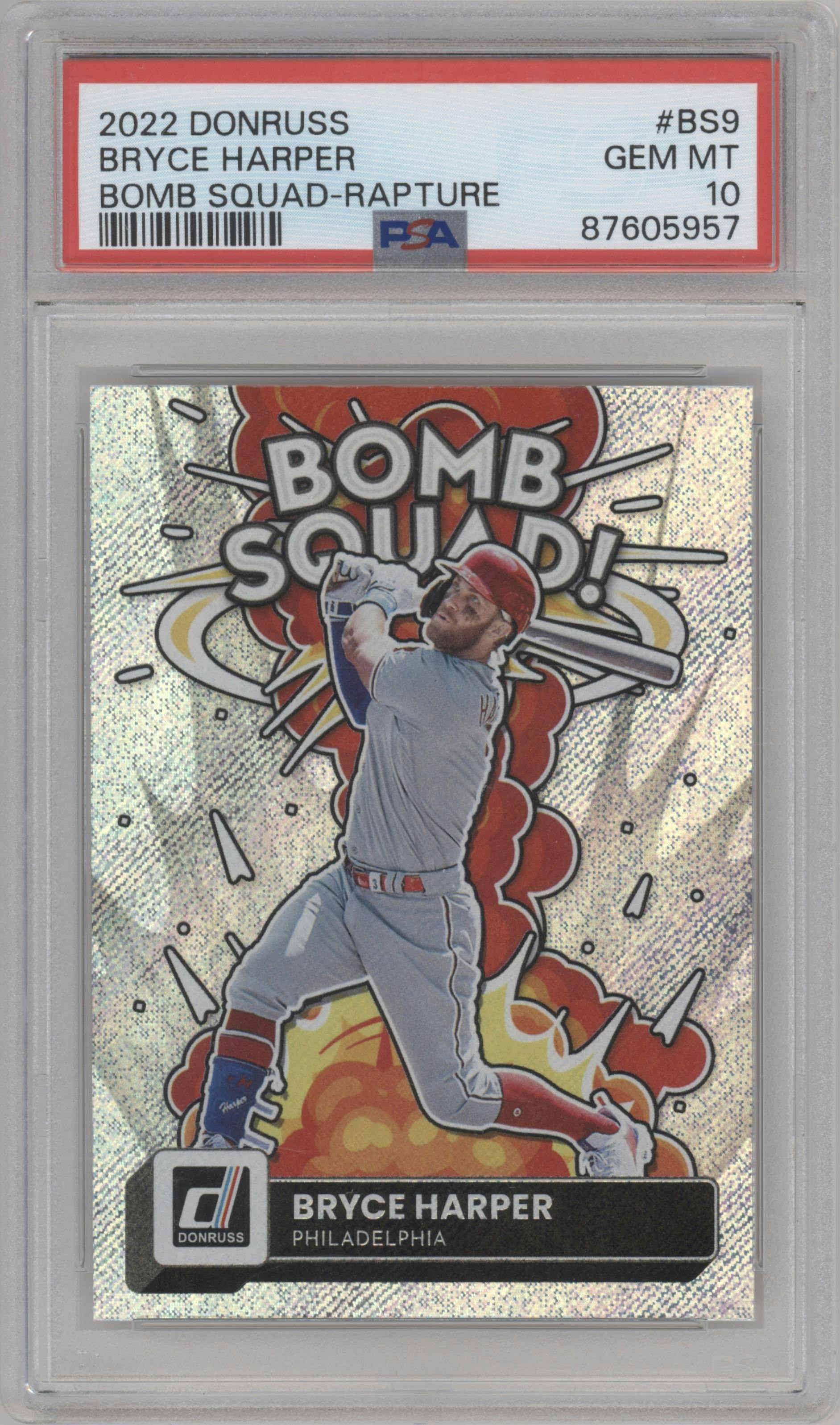 Bryce Harper  from the 2022 Panini Donruss set featuring a Rapture parallel graded by PSA and given an overall grade of 10.