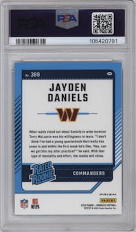 Jayden Daniels from the 2024 Donruss set featuring a Football Emoji parallel graded by PSA and given an overall grade of 10.