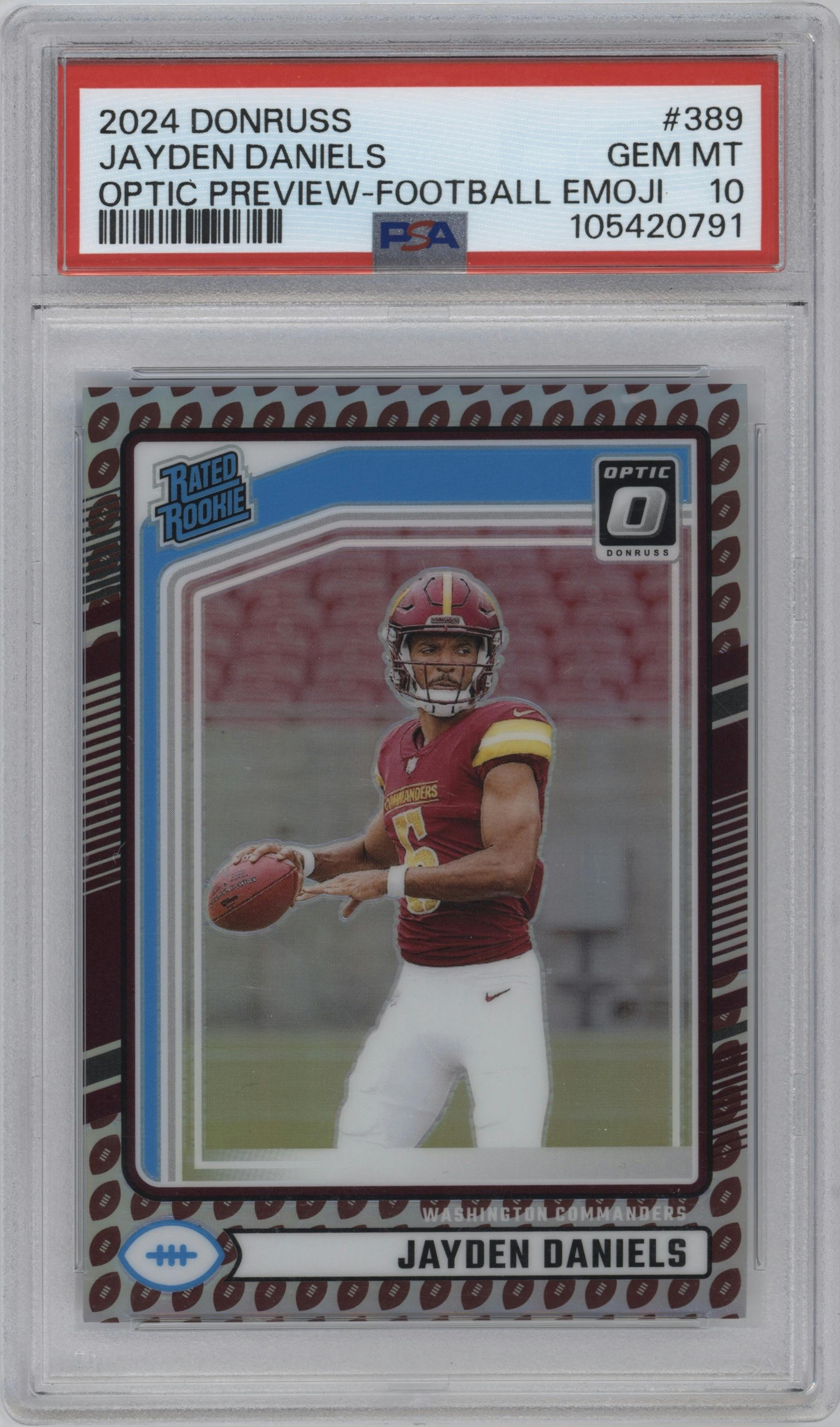 Jayden Daniels from the 2024 Donruss set featuring a Football Emoji parallel graded by PSA and given an overall grade of 10.