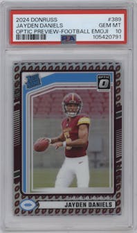 Jayden Daniels from the 2024 Donruss set featuring a Football Emoji parallel graded by PSA and given an overall grade of 10.