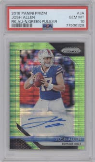 Josh Allen from the 2018 Panini Prizm set featuring a Neon Green Pulsar parallel graded by PSA and given an overall grade of 10.
