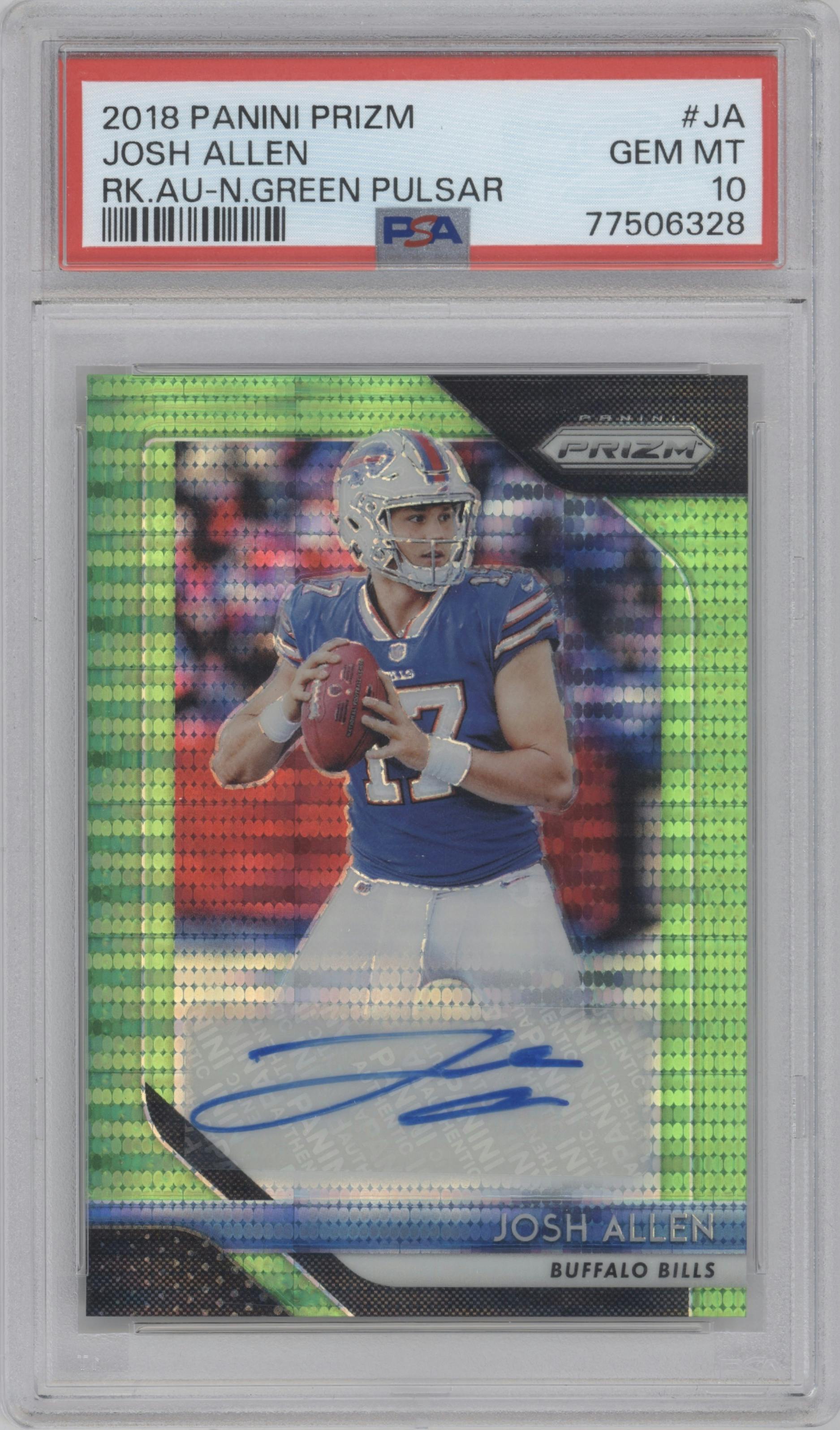 Josh Allen from the 2018 Panini Prizm set featuring a Neon Green Pulsar parallel graded by PSA and given an overall grade of 10.