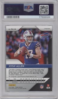 Josh Allen from the 2018 Panini Prizm set featuring a Neon Green Pulsar parallel graded by PSA and given an overall grade of 10.
