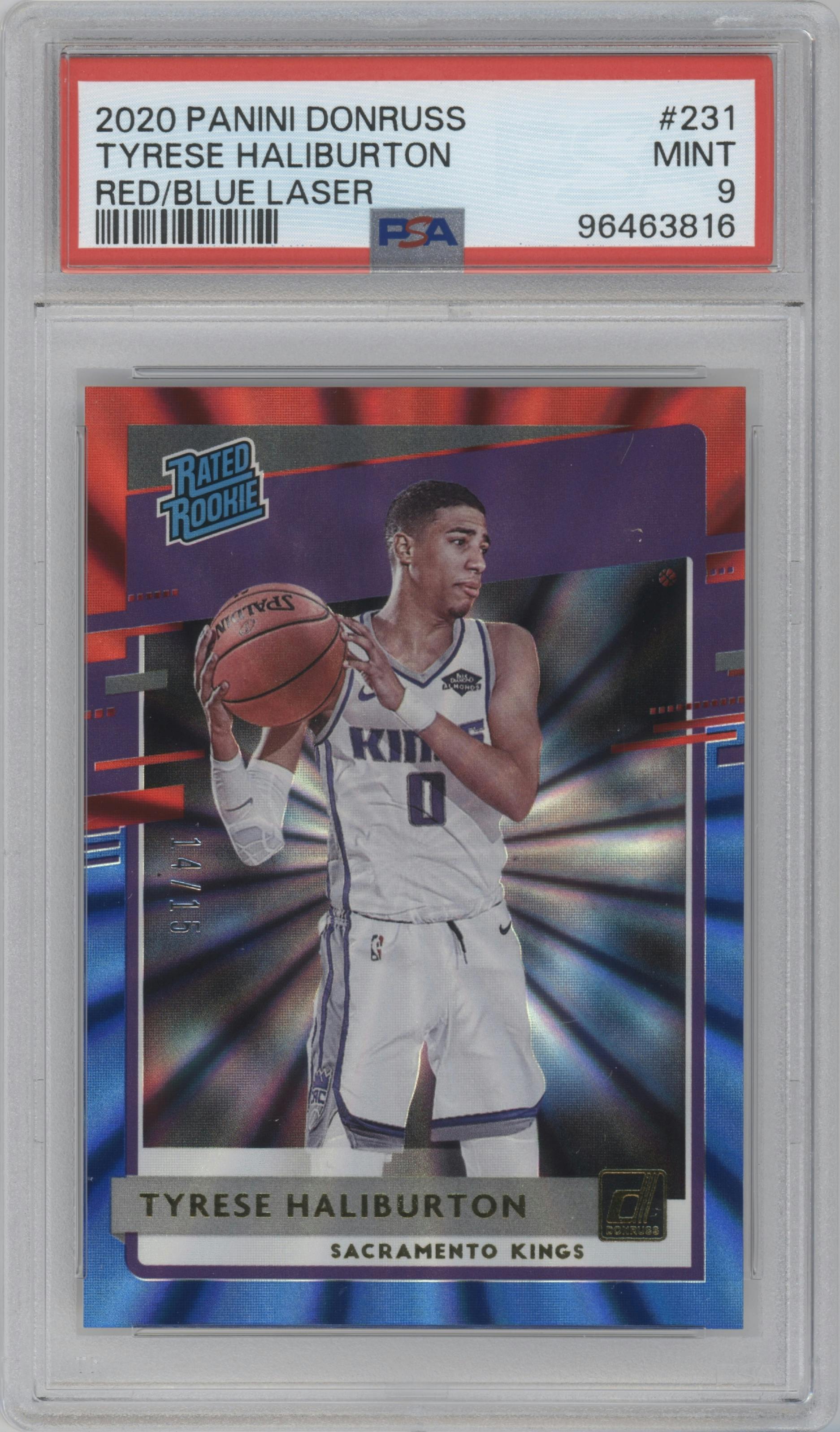 Tyrese Haliburton from the 2020-21 Panini Donruss set featuring a Red & Blue Laser parallel graded by PSA and given an overall grade of 9.