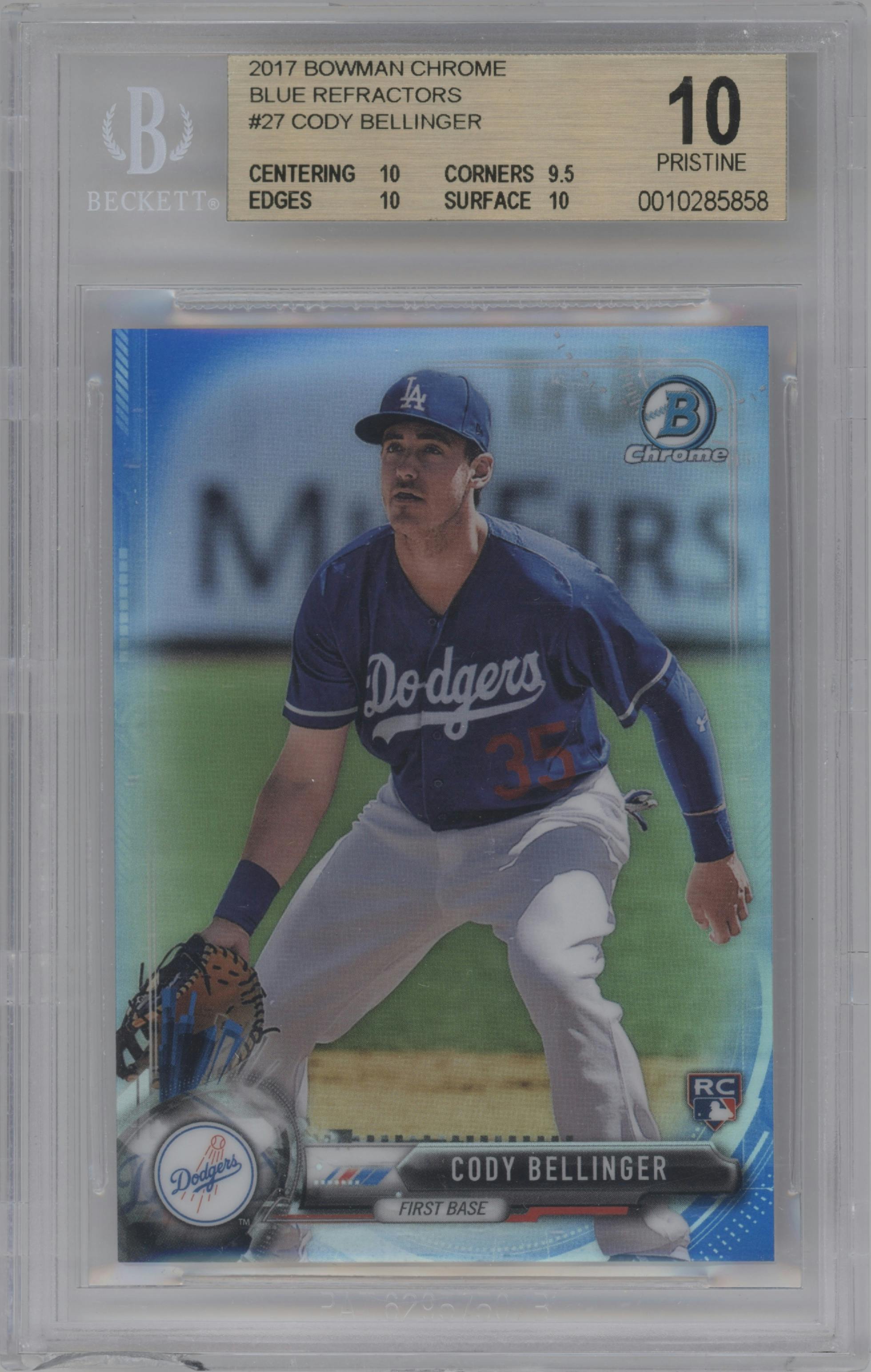 Cody Bellinger from the 2017 Bowman Chrome set featuring a Blue Refractor parallel graded by Beckett and given an overall grade of 10.